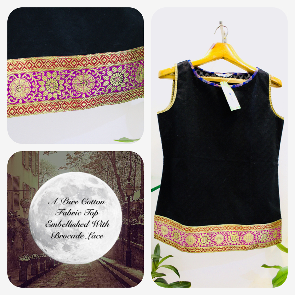 Black Colour Pure Cotton Top Embellished with Brocade Lace