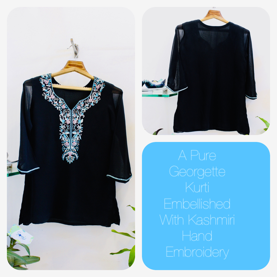 Black Colour Pure Georgette Kurti Embellished with Kashmiri Embroidery