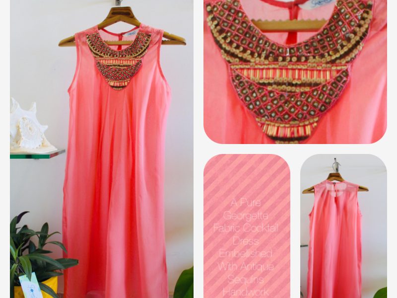 Coral Colour Pure Georgette Cocktail Dress