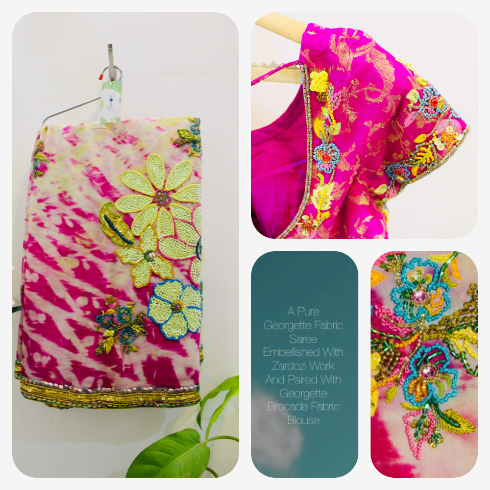 Magenta Colour Pure Georgette Saree Paired with Brocade Blouse & Embellished with Zardozi Embroidery