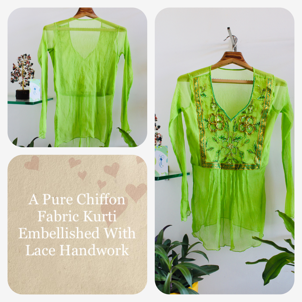 Parrot Green Pure Chiffon Kurti Embellished With Lace Work