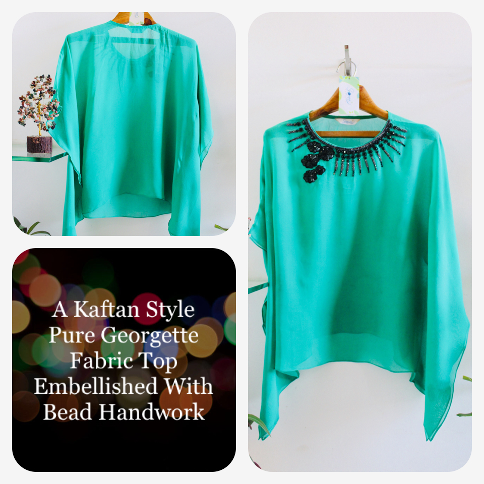 Peacock Green Pure Georgette Kaftan Embellished with Hand Work