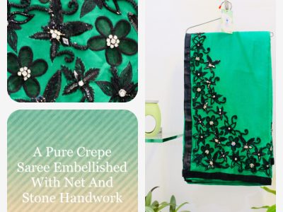 Peacock Green Pure Crepe Saree Embellished with Net and Stone Handwork