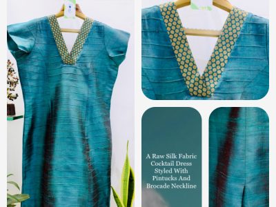 Sea Green Raw Silk Cocktail Dress Embellished with Brocade Neckline