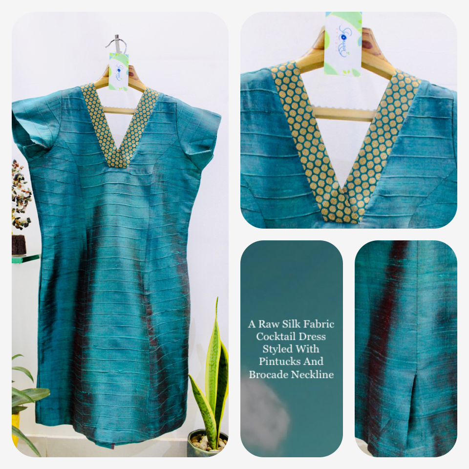 Sea Green Raw Silk Cocktail Dress Embellished with Brocade Neckline